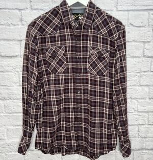 Duke's Mens Pearl Snap Button Plaid Flannel Shirt Size L Maroon Pockets Western